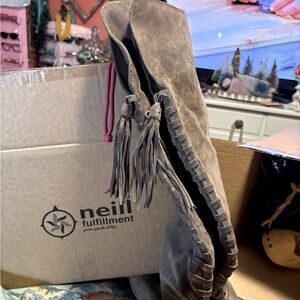 Over the knee taupe suede lace up boots